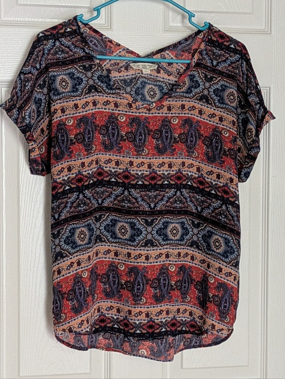 Pink Rose Lightweight Boho Top Short Sleeve Blouse Women's Small